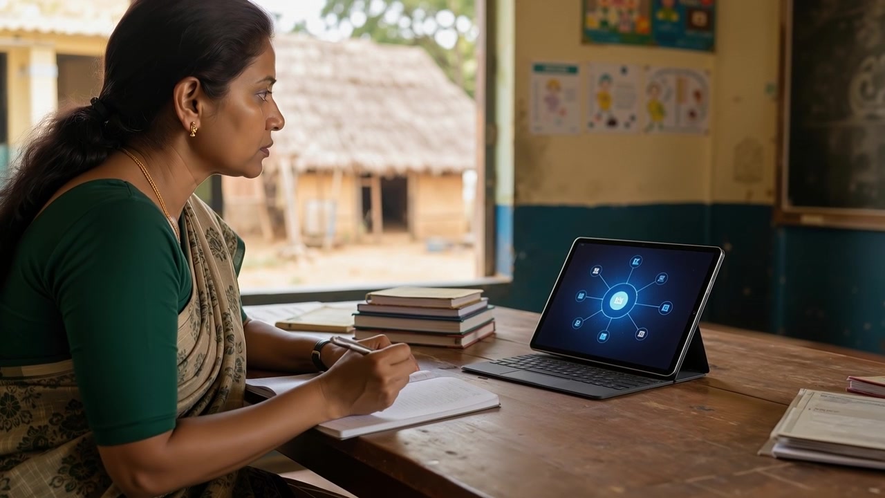 Female teacher taking notes on a notepad while using a digital tablet at a wooden desk indoors