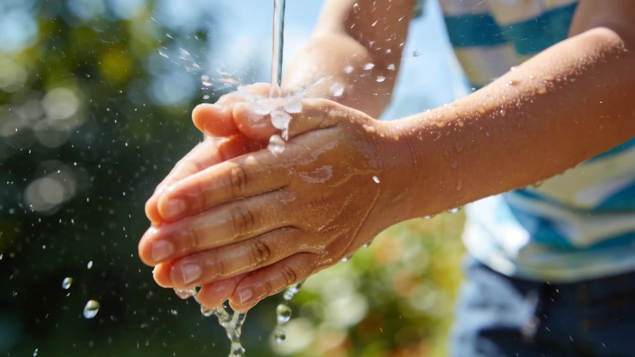 Manos de niño ahuecadas recogiendo y guiando agua de un chorro que comienza en un jardín soleado, con camisa a rayas.
