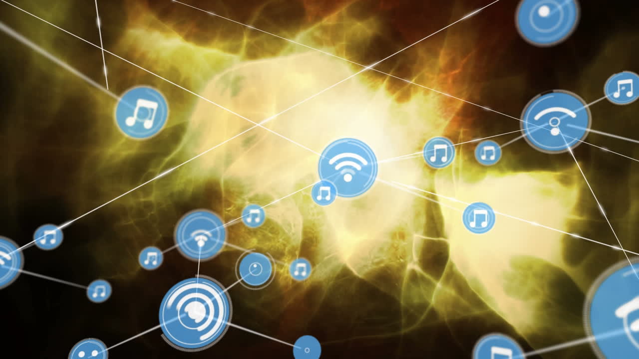 animación de iconos interconectados con líneas sobre un patrón abstracto en el fondo.
