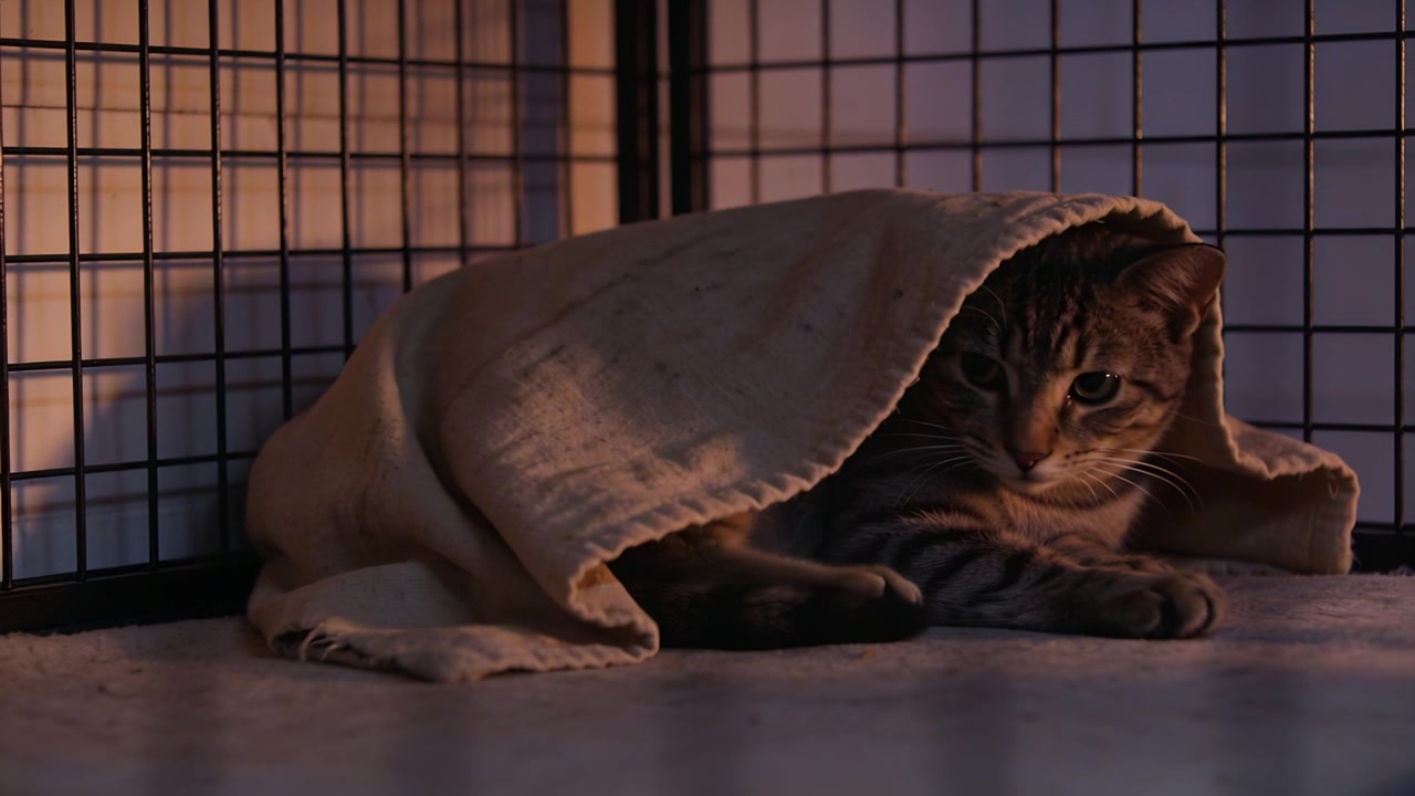 Gato rajado cutucando e empurrando um cobertor, espiando e estendendo as patas dentro de um cercado de arame, observando a área.