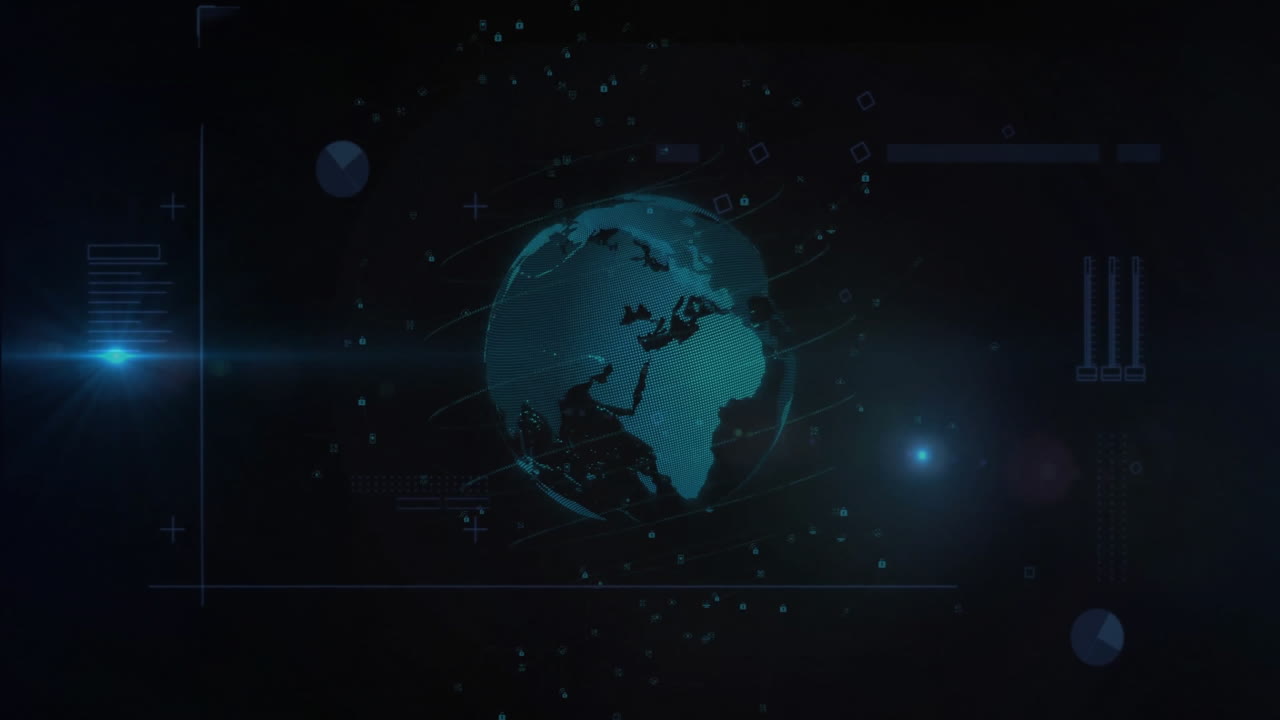 Rotating globe with digital data and connections, futuristic animation