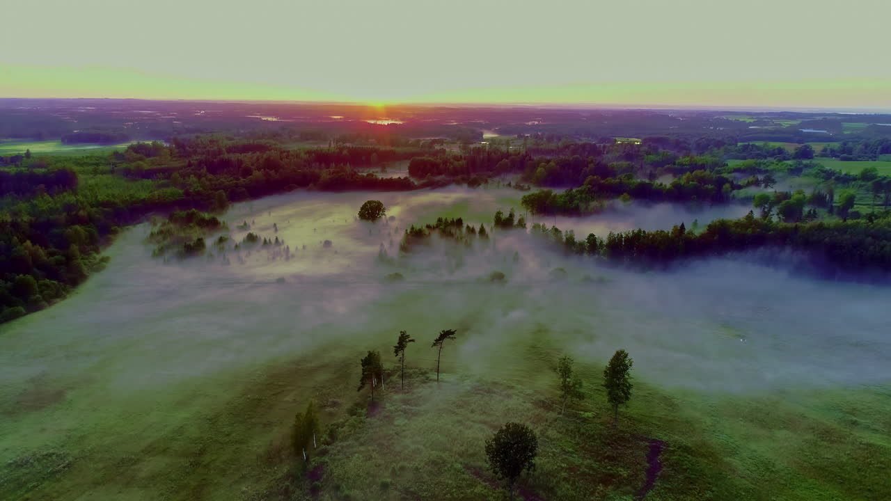 paisaje bucólico envuelto en niebla con amanecer en segundo plano