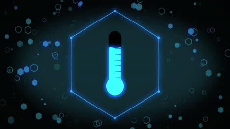 animación del icono del termómetro sobre hexágonos sobre fondo negro