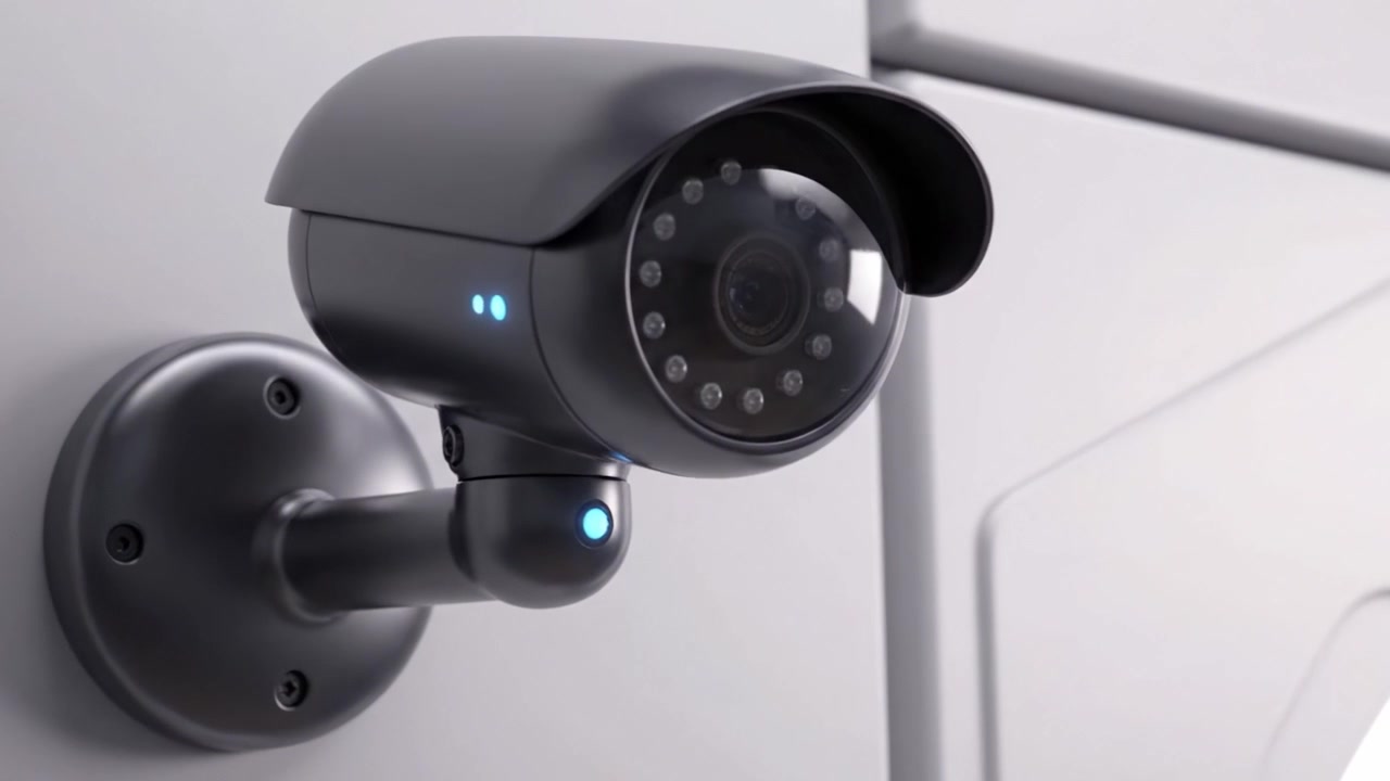 Telecamera di sicurezza ad alta definizione montata a parete per una sorveglianza avanzata in ambienti moderni, dotata di indicatori LED e un design elegante.