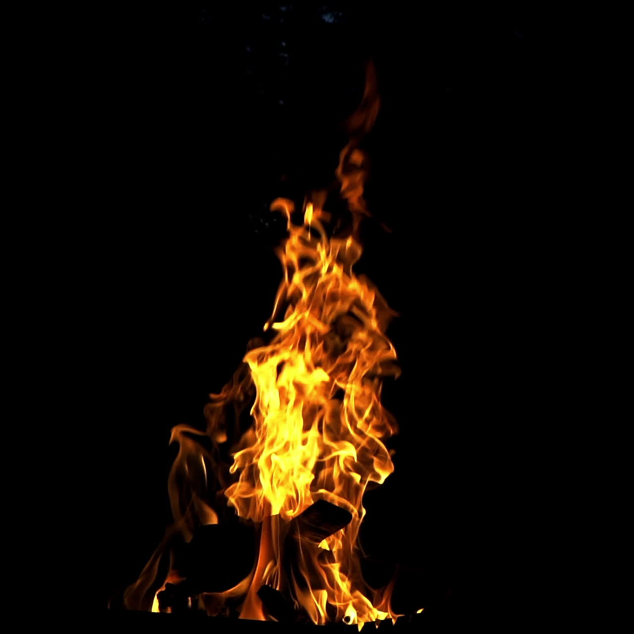 Fire burning in the slow motion isolated on dark background. Beautiful flame with logs burns brightly at night