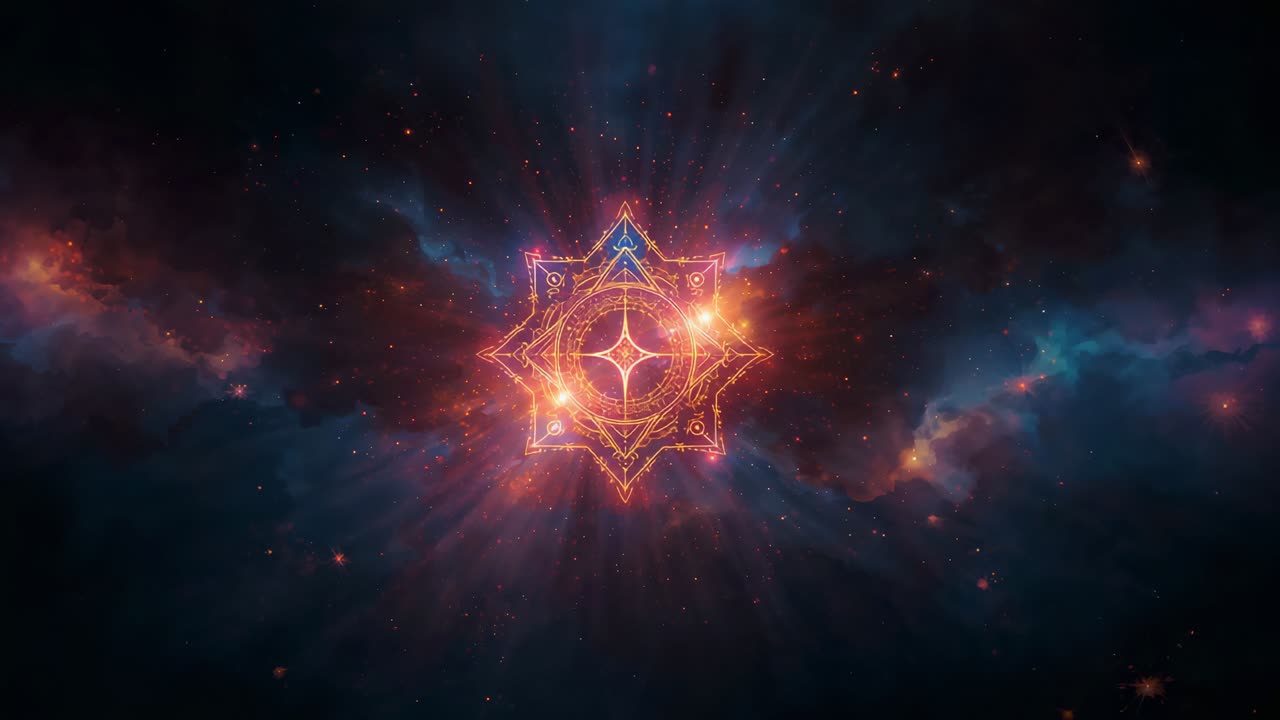 Pulsing ornate sigil intensifying glow after right-side flare appearing, casting beams into nebula