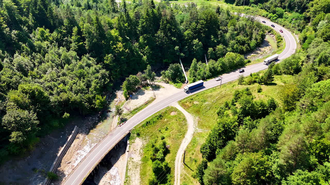 Curvy road winding through green hills on a bright day. Vehicles travel along a curving road surrounded by lush trees and greenery under clear blue skies