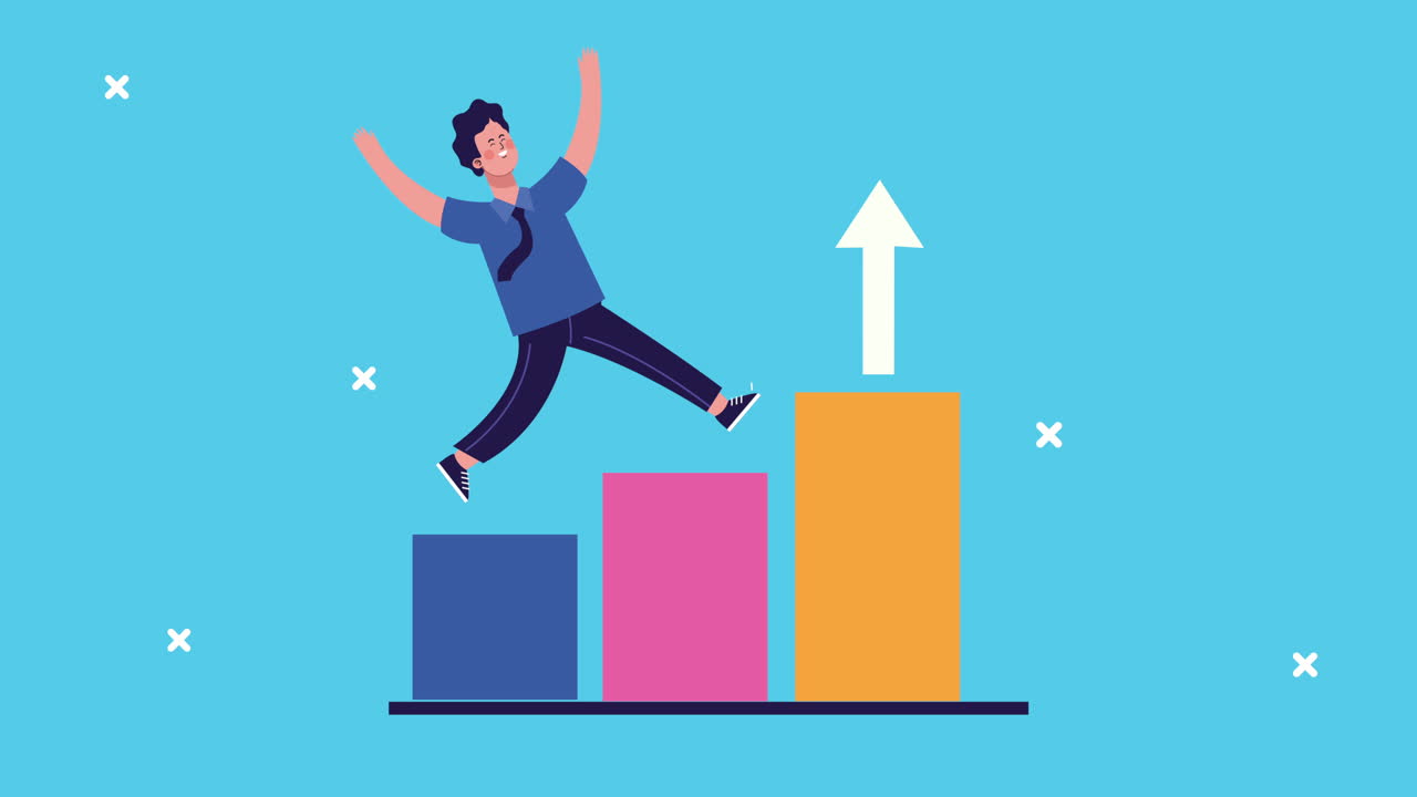 hombre de negocios flotando en las barras de estadísticas animadas