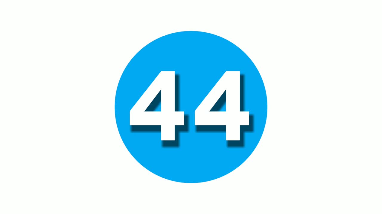 número 44 cuarenta y cuatro símbolo de signo animación gráficos de movimiento en círculo azul fondo blanco, número de video de dibujos animados para elementos de video