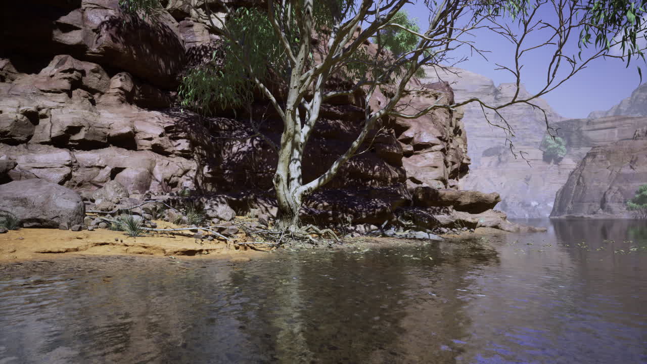 A tranquil canyon oasis showcases sparkling waters mirroring rocky cliffs