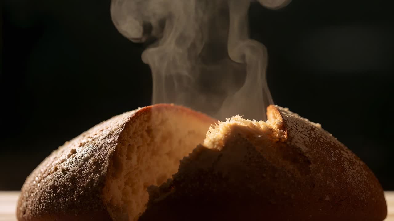 Cooling crusty round loaf releasing curling steam on wooden board, showing cracked top and crumbs