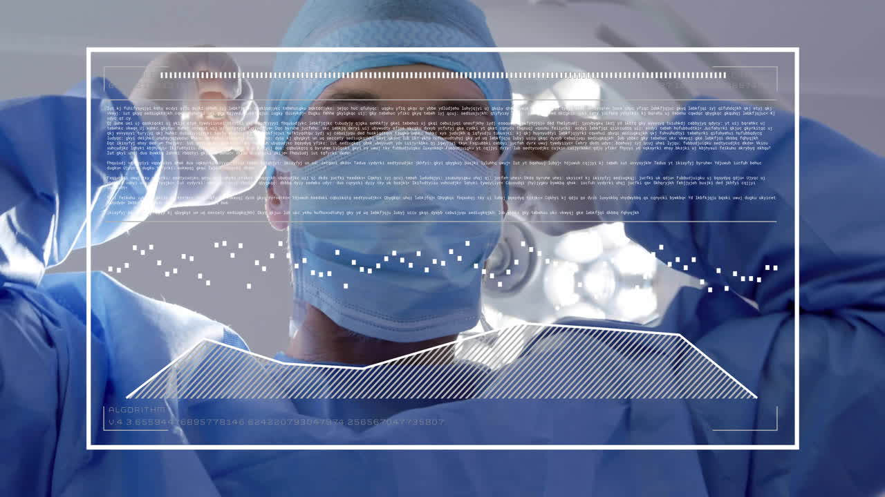 얼굴 마스크를 착용한 백인 남성 외과 의사에 대한 데이터 처리의 애니메이션