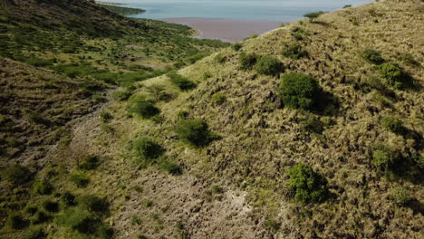 Orbital-drone-view-of-a-group-of-hikers-quietly-climbing-a-mountain-in-Tanzania