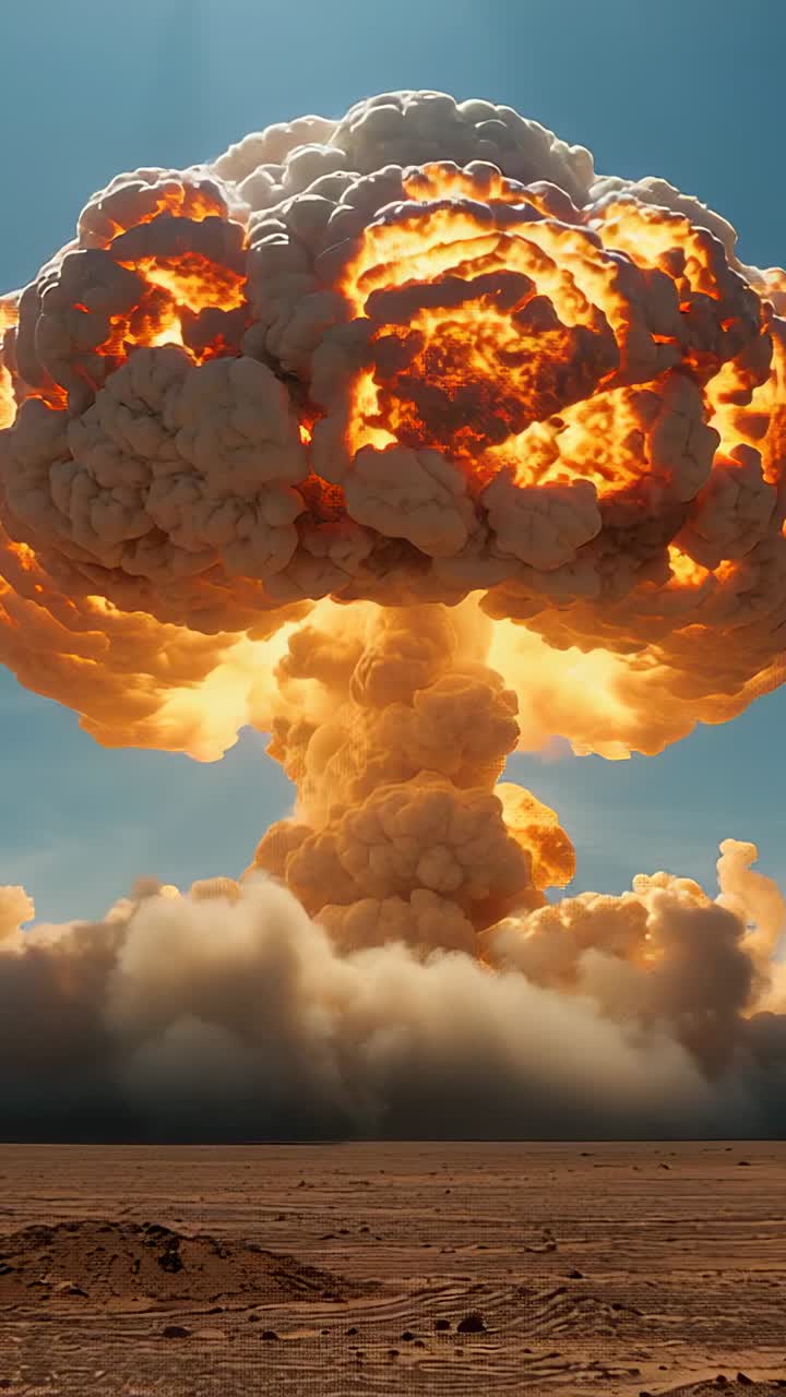 Vertical video: Flash igniting fireball erupting smoke column and glowing mushroom cap over desert