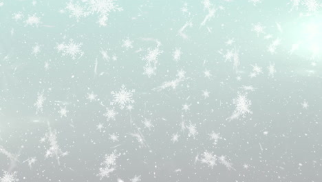 animation of christmas tree with snow falling seen through window on blue background