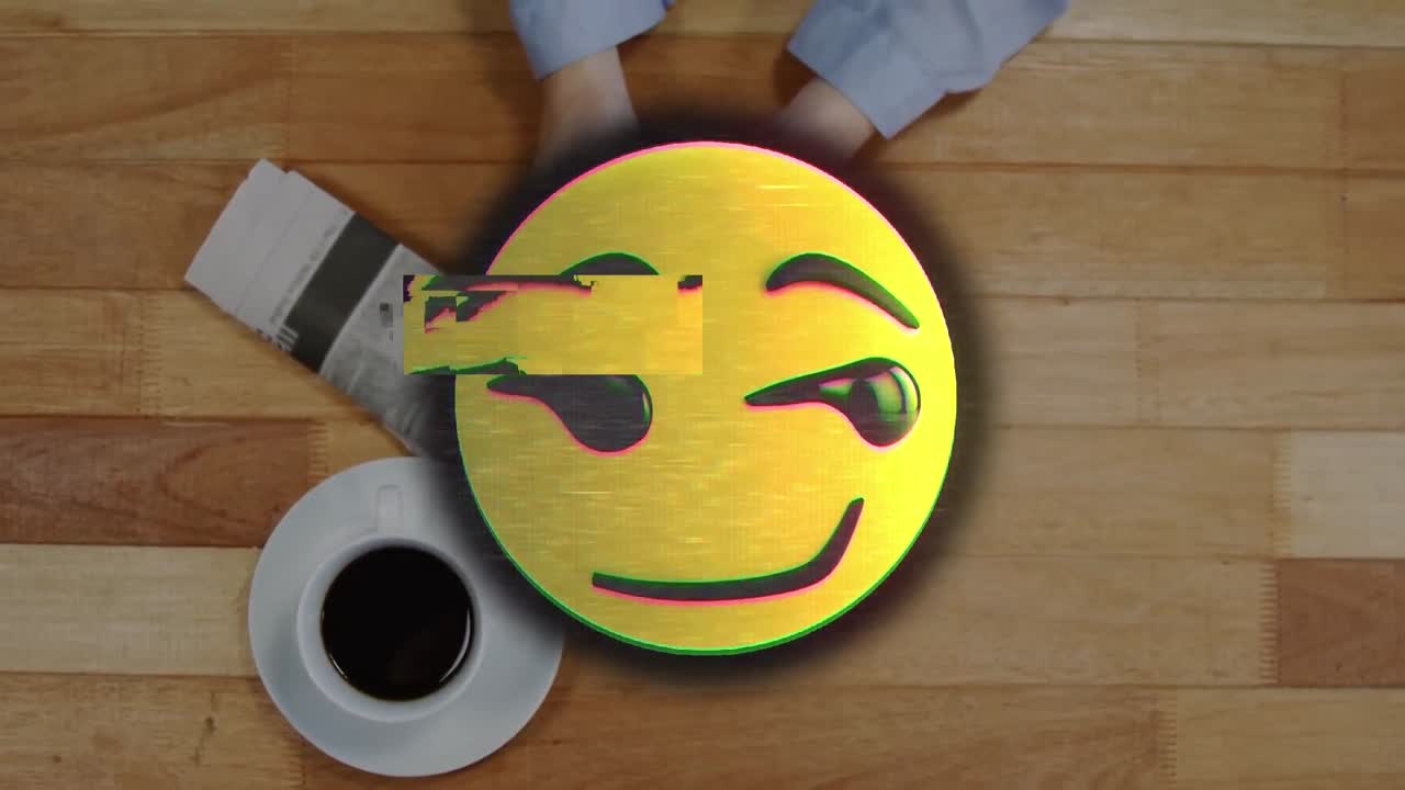 Animation of emoji icon with glitch over caucasian woman using smartphone