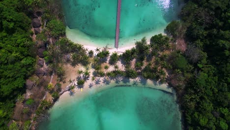 aerial view of a tropical island ko ngam with palm trees and wooden pier in turquoise ocean water. stunning aerial view flight speed ramp hyper motion time lapse