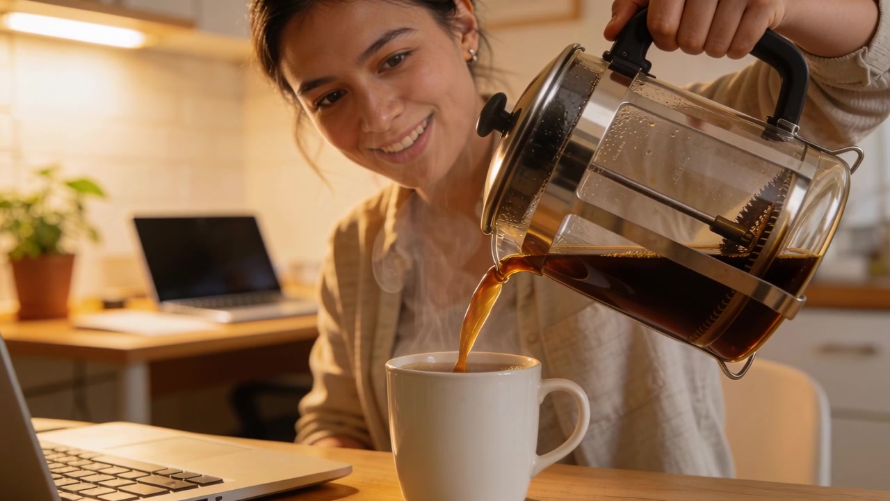 Mulher sorridente servindo café da prensa francesa na bancada da cozinha de casa, enchendo a caneca enquanto usa o laptop