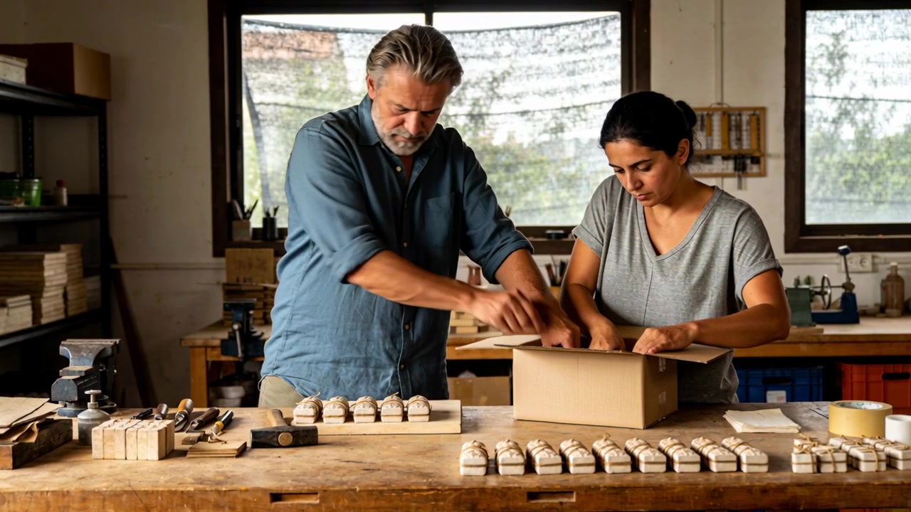 Checking man rolled sleeves turning wood pieces at workbench, woman short shirt loading box to ship