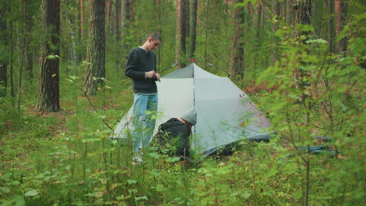 young man watches woman kneeling to secure tent peg into soft forest floor under tall pine canopy during camping gear setup with focused care amidst green woodland clearing