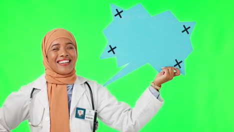 Muslim-woman,-doctor-and-speech-bubble-on-green