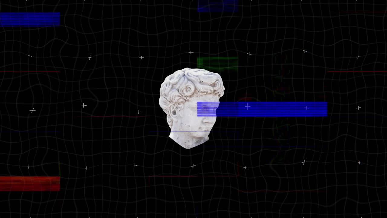 Animation of antique head sculpture with glitch on black background