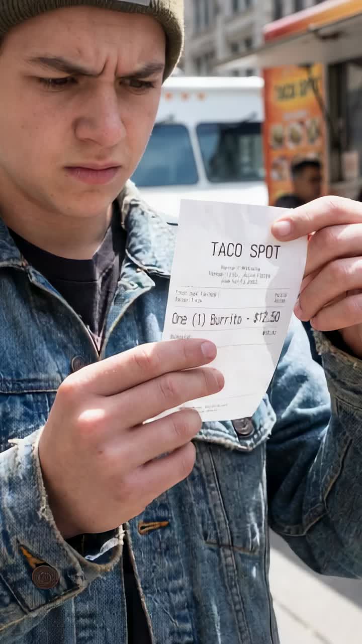Pystyvideo: TACO SPOT -kuittia vastaanottamassa, oliivinvärinen pipo päässä oleva mies vahvistaa tilauksen tacokioskissa