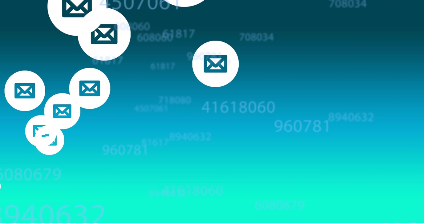 Animazione di icone email e numeri che fluttuano su sfondo blu.