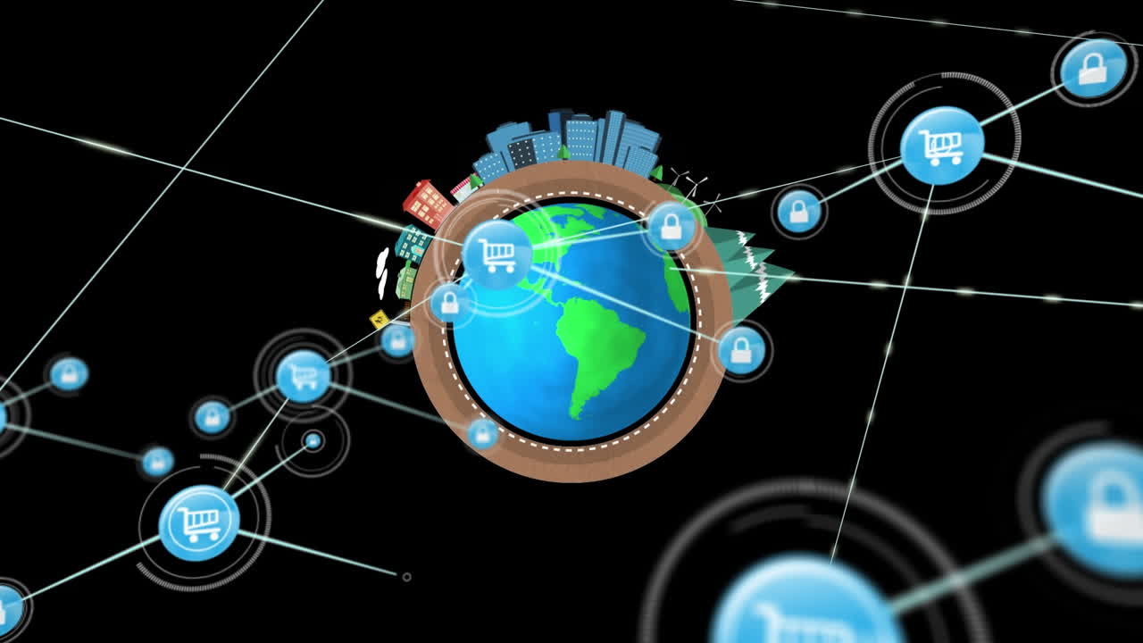 검은색 배경에 아이콘과 글로브로 연결된 네트워크의 애니메이션