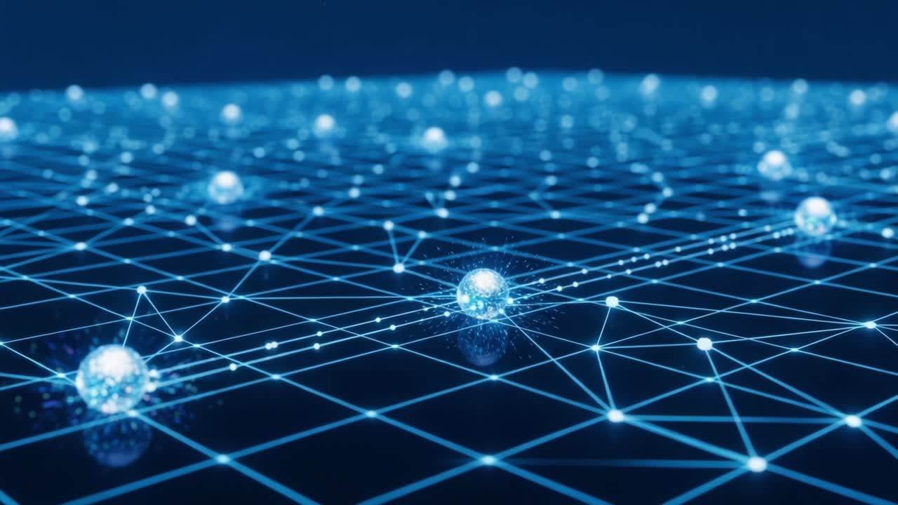 Exploring the Intricacies of a Digital Network: A Stunning Visualization of Nodes and Connections Set Against a Deep Blue Background