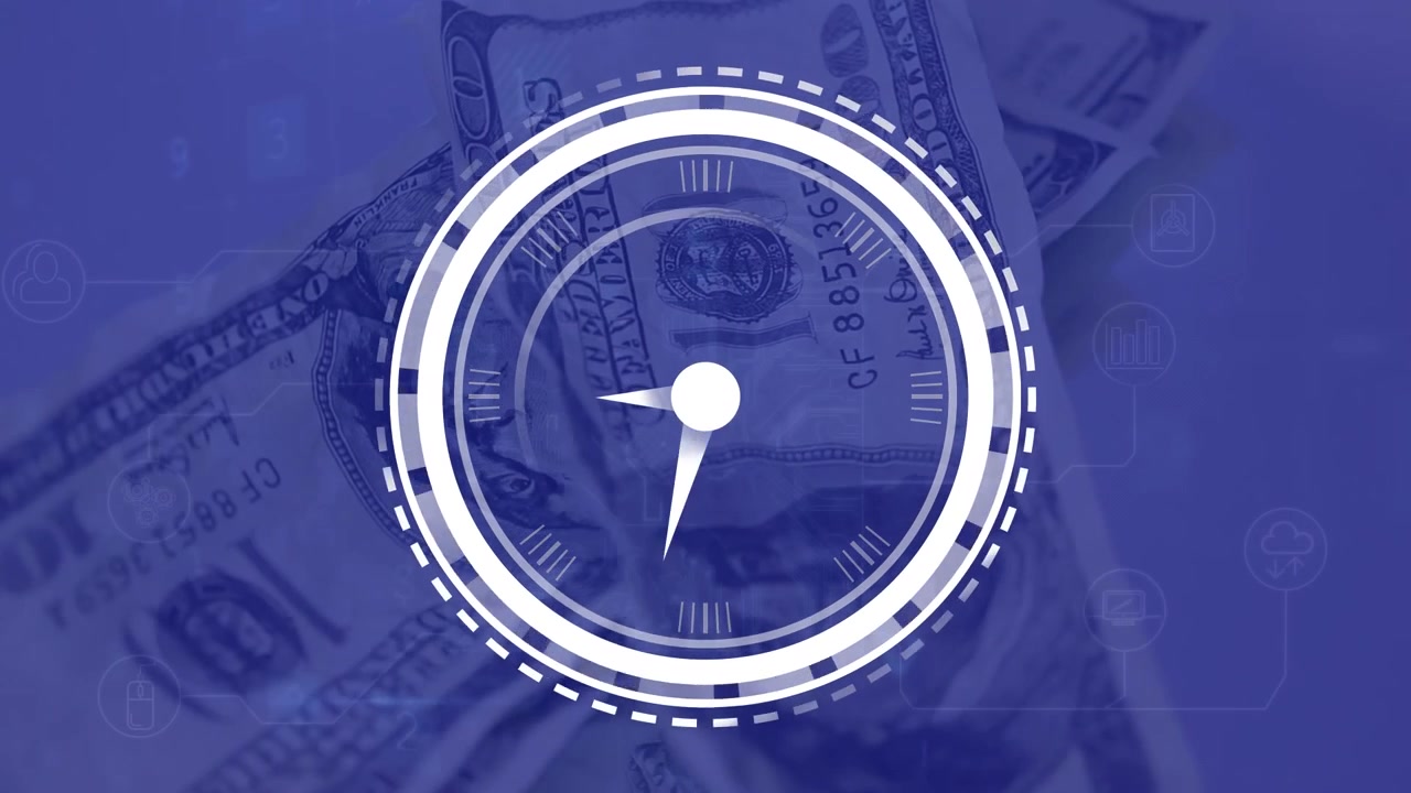 Animación de un reloj moviéndose sobre billetes