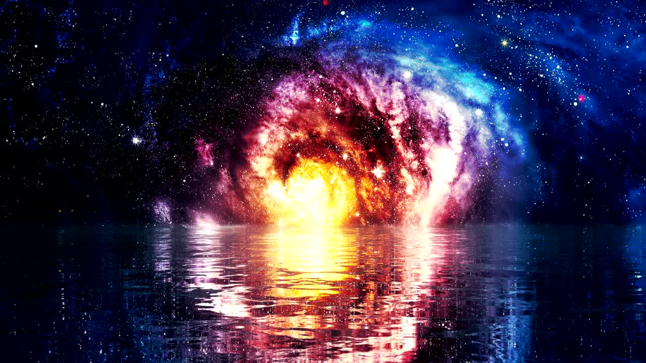 paisajes espaciales en el reflejo del agua. papel tapiz en vivo de bucle