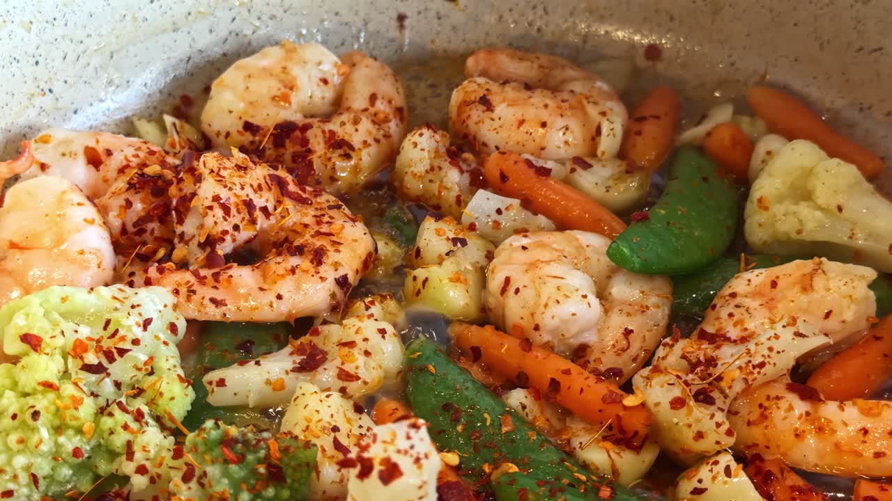 Shrimp and vegetables cooking with spices in a hot pan, colorful and vibrant