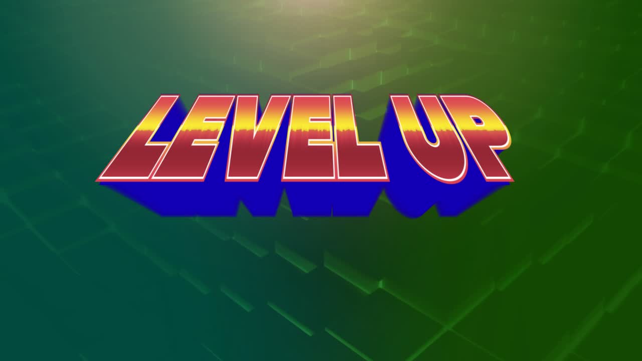 Animation of level up text over shapes on green background