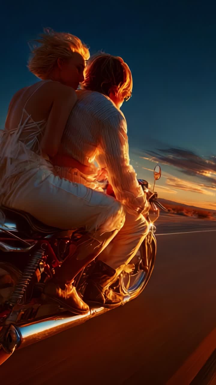 Un couple roule passionnément à moto au coucher du soleil, capturant le frisson de la liberté et de l’aventure dans un magnifique paysage pittoresque.