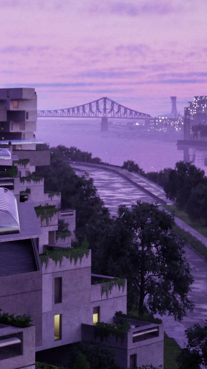 Vista da orla ao amanhecer em uma cidade moderna com edifícios e ponte.