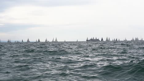 slow-motion shot of dozens of sailboats in the distant. waves and water in the foreground.