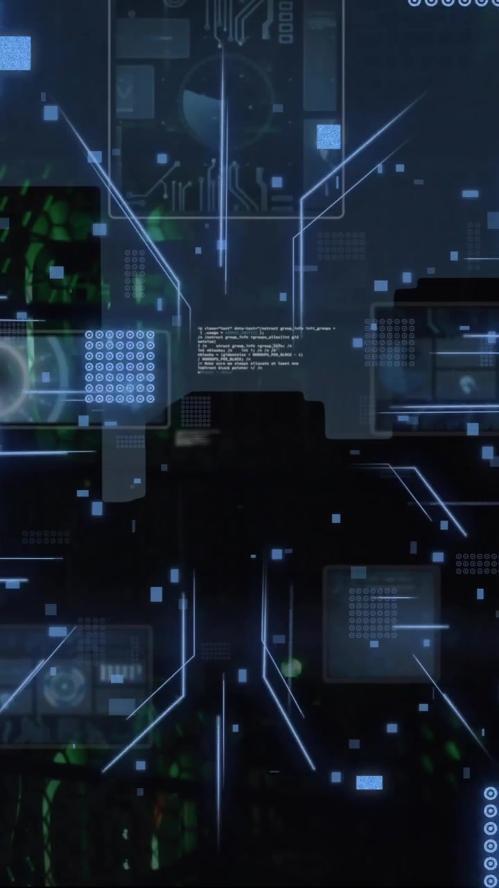 Animation of digital data processing and circuit board over computer servers
