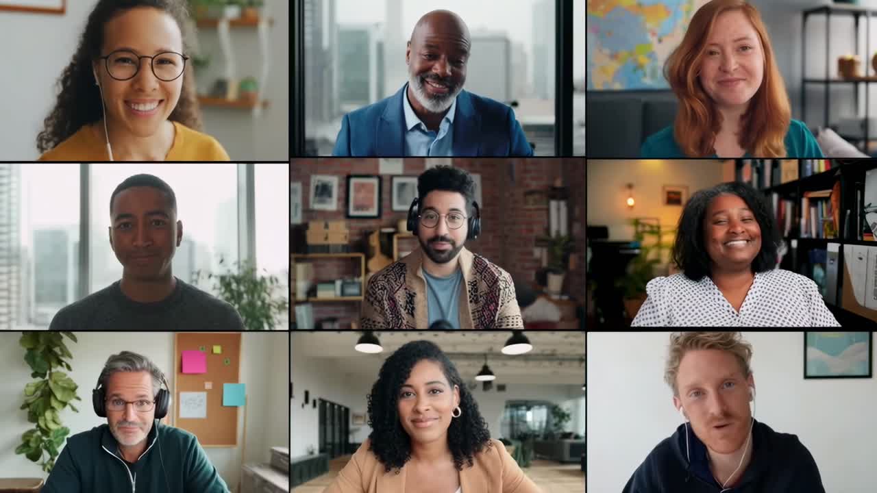 Video call grid with diverse people in a medium close-up angle, casual and professional style
