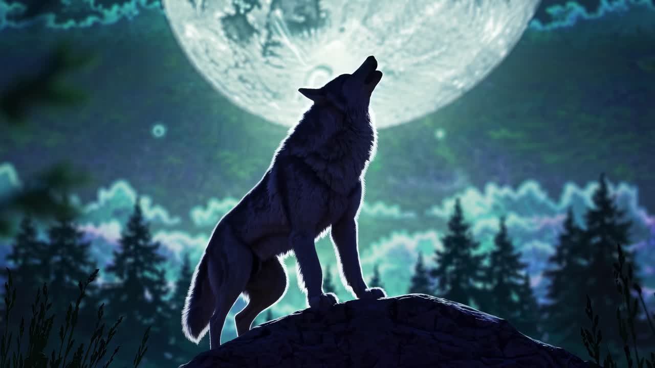 Silhouetted wolf howling at the moon in a forest, captured from a low angle