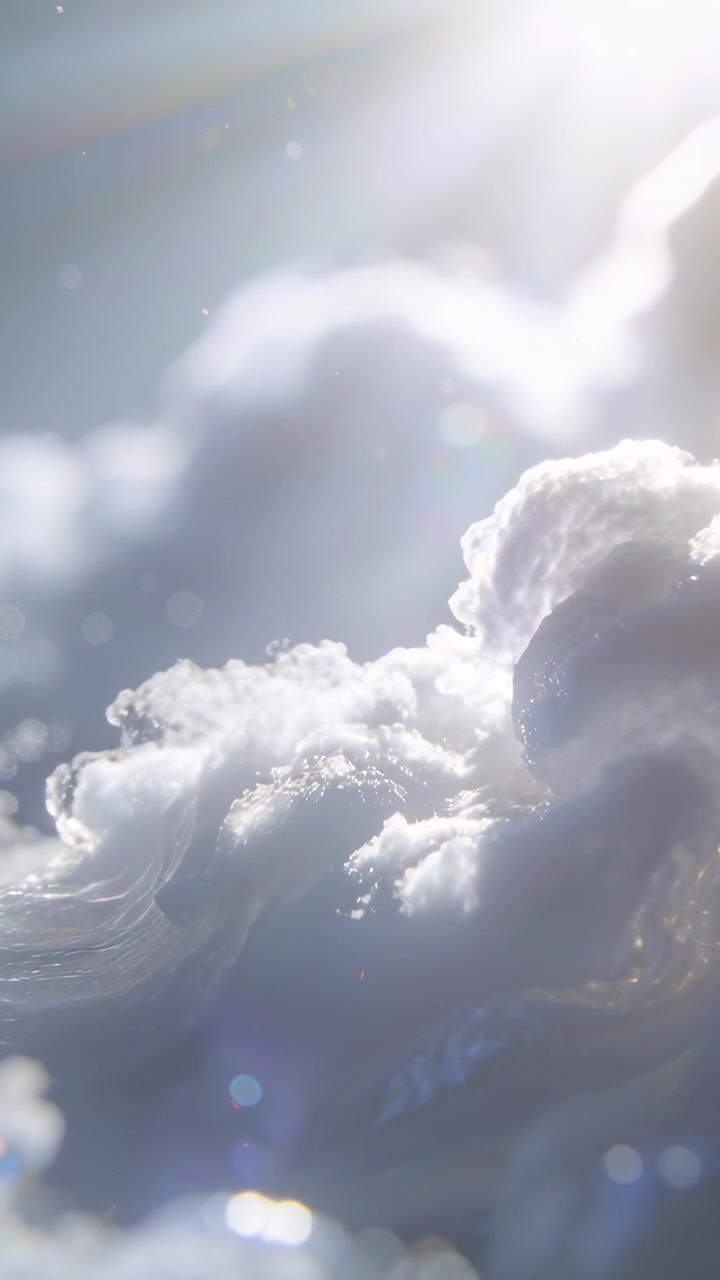 Video verticale: Massa di nuvole ondeggianti che si sposta mentre la luce del sole entra dall'alto a destra, con bagliori di luce.