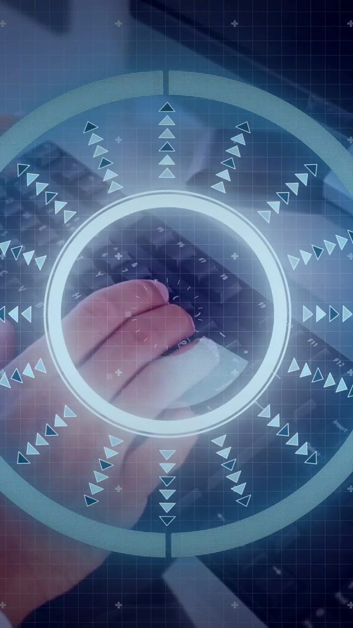 Vertical video: Hand entering from left, rotating disc over keyboard, tech HUD aiding calibration