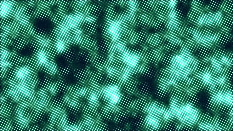 Halftone dots texture motion with waving glowing defocused particles background. Seamless loop 4k animation