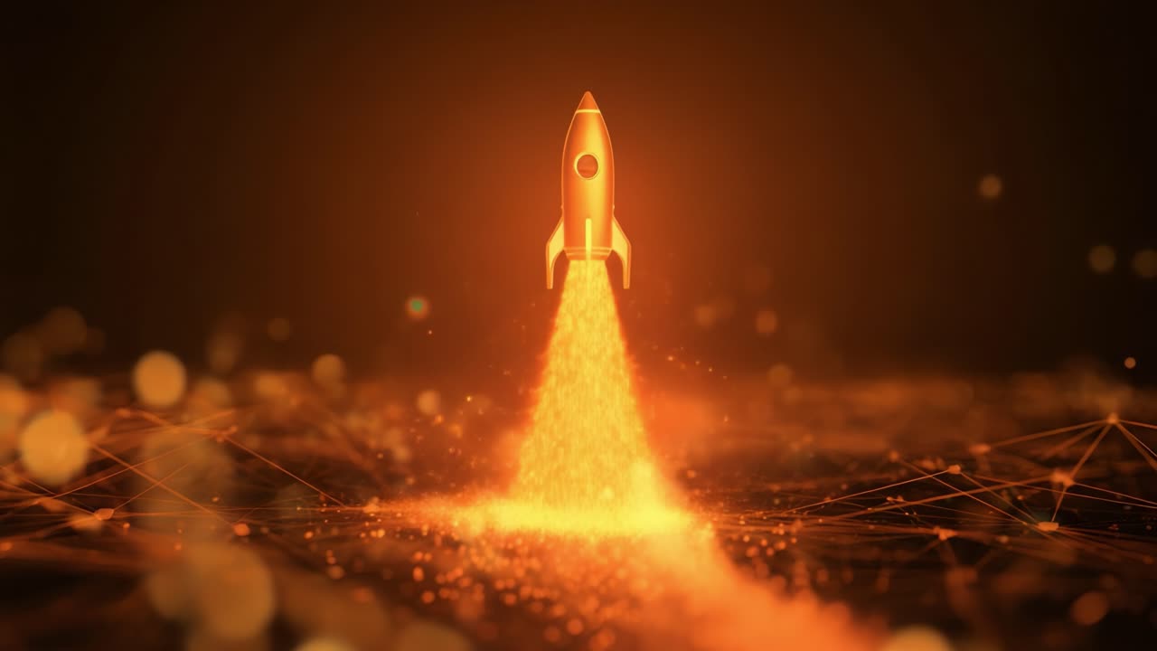 Futuristic golden rocket launching with bright flames and sparkles over a glowing network background. Business startup concept, technological innovation, and successful growth animation