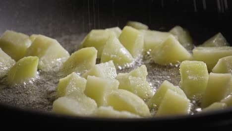 potato dices frying in a pan, adding salt and paprika, vegetarian food