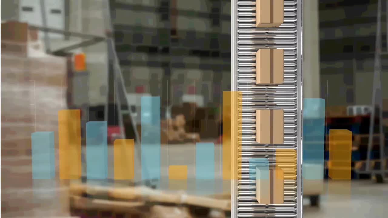 Animation of statistics processing and packages on belt conveyor roller over shelves in warehouse