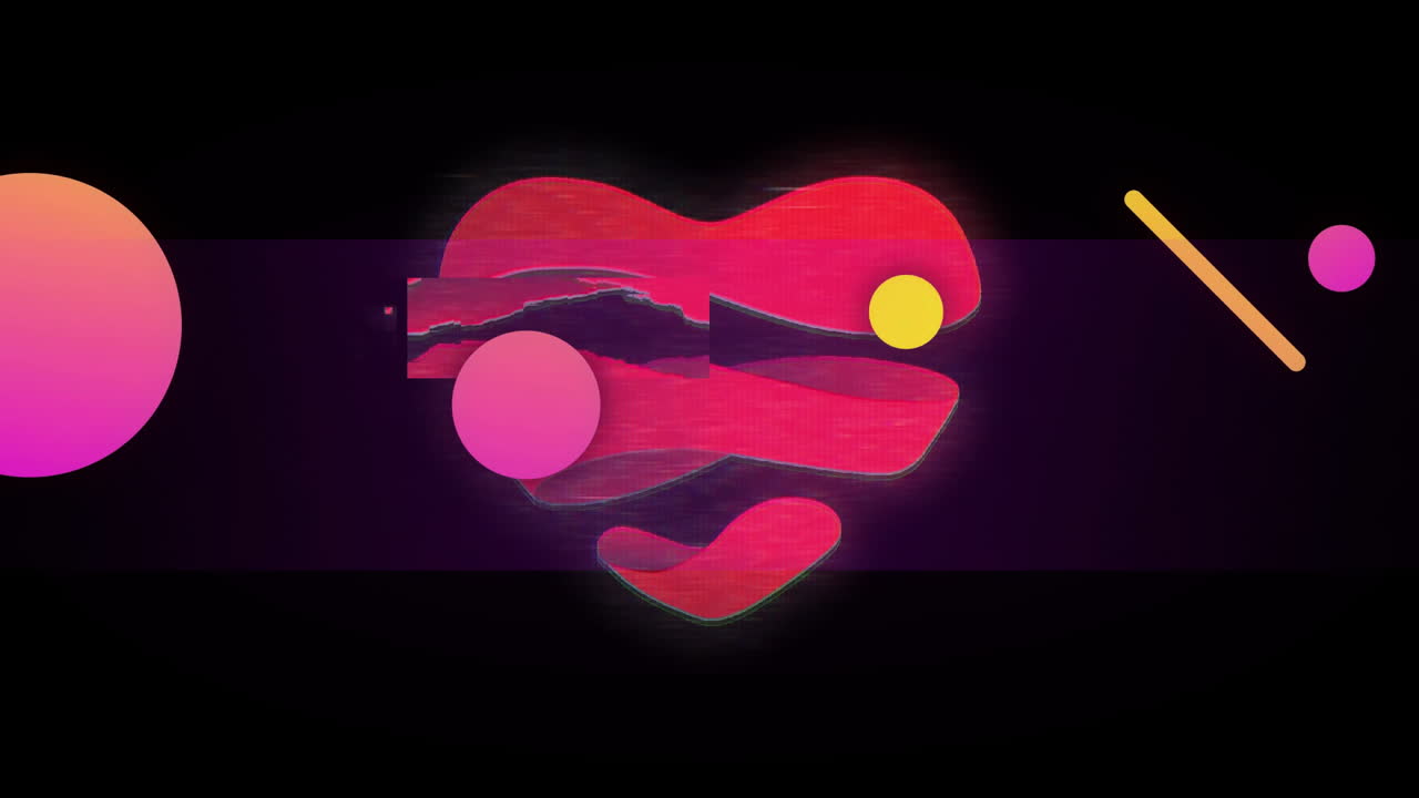 Animation of pink shapes and heart on black background