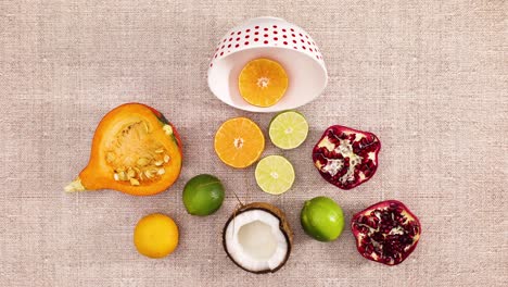 fresh slices of fruits come in bowl and disappear. stop motion