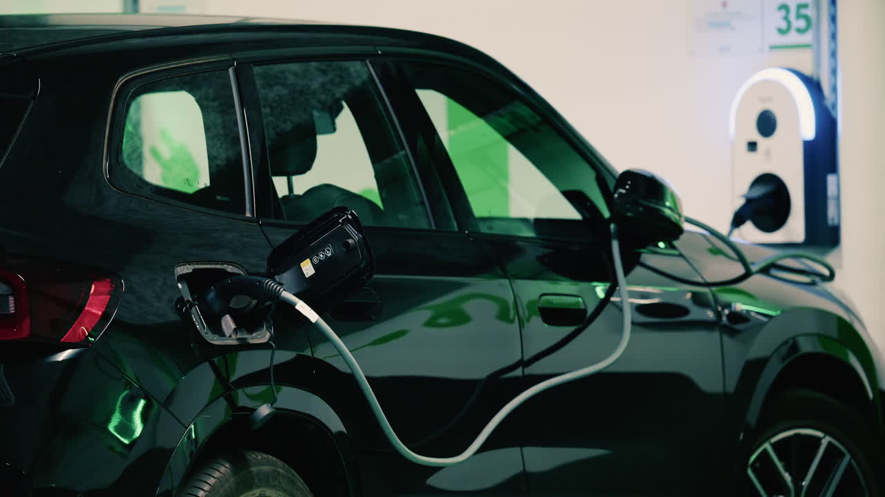 Şarj istasyonuna takılı siyah bir elektrikli arabanın yakın çekim görüntüsü
