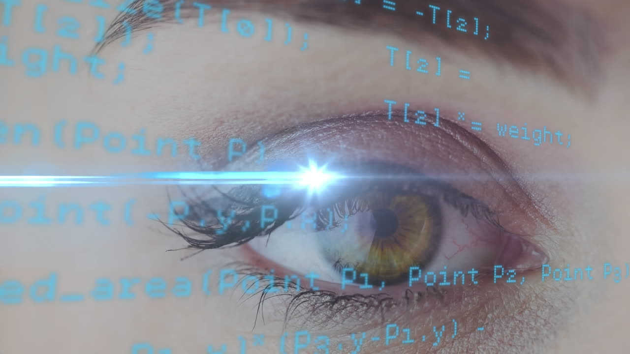 animazione dell'elaborazione dei dati sull'occhio della donna sullo sfondo